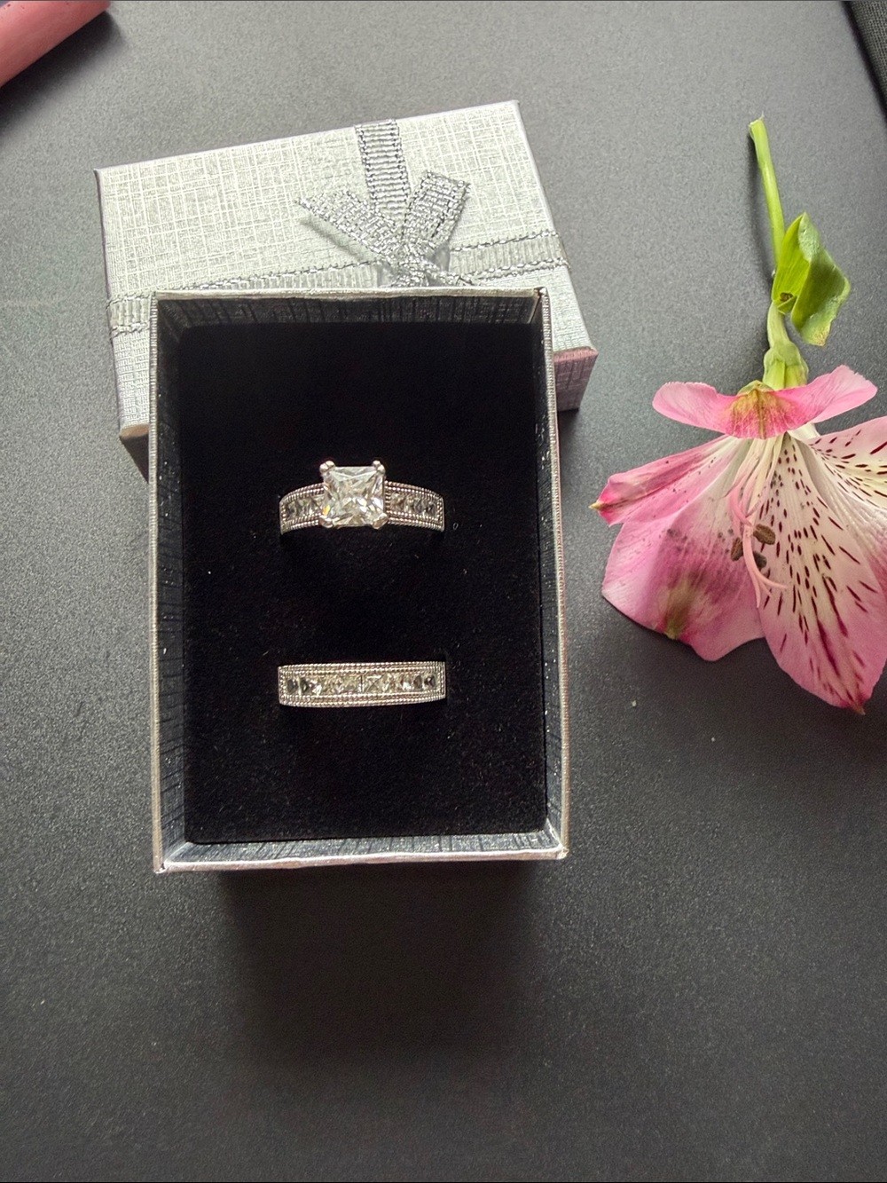 Sterling Silver 925 Princess-Cut Cubic Zirconia Bridal Ring Set - White Size 7